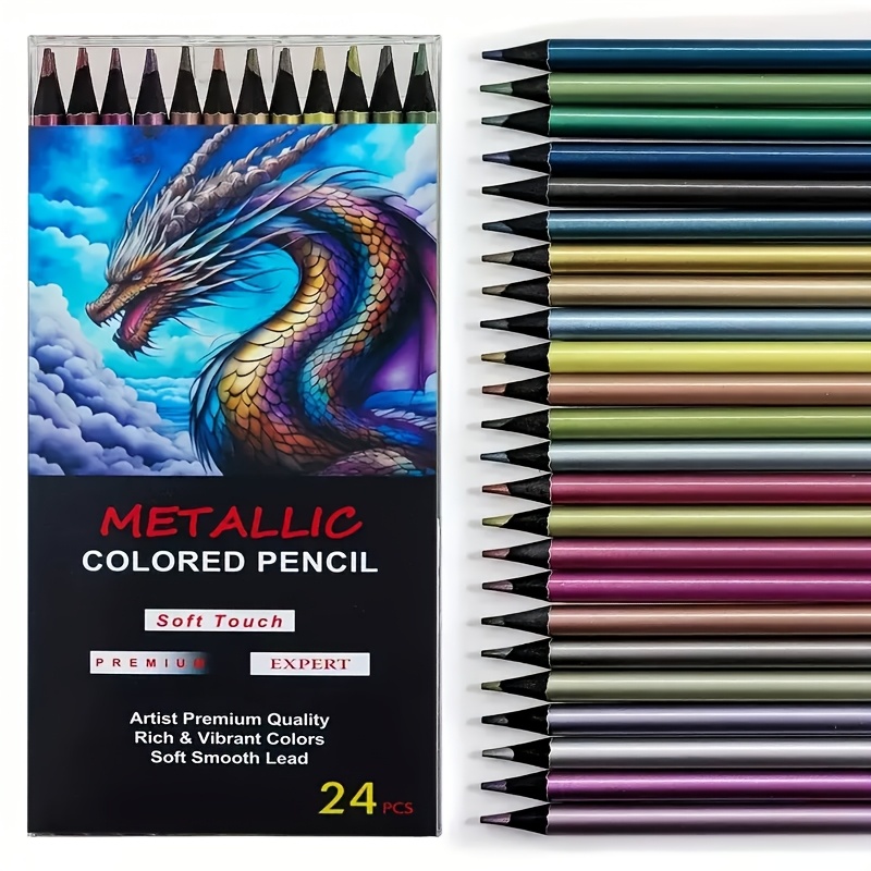 TEMU 24pcs Glossy Metallic Colored Pencils Set, Bright Colors. Wide Dust-free Lead Ideal For Shading & Color Layering. Perfect For Adult Coloring