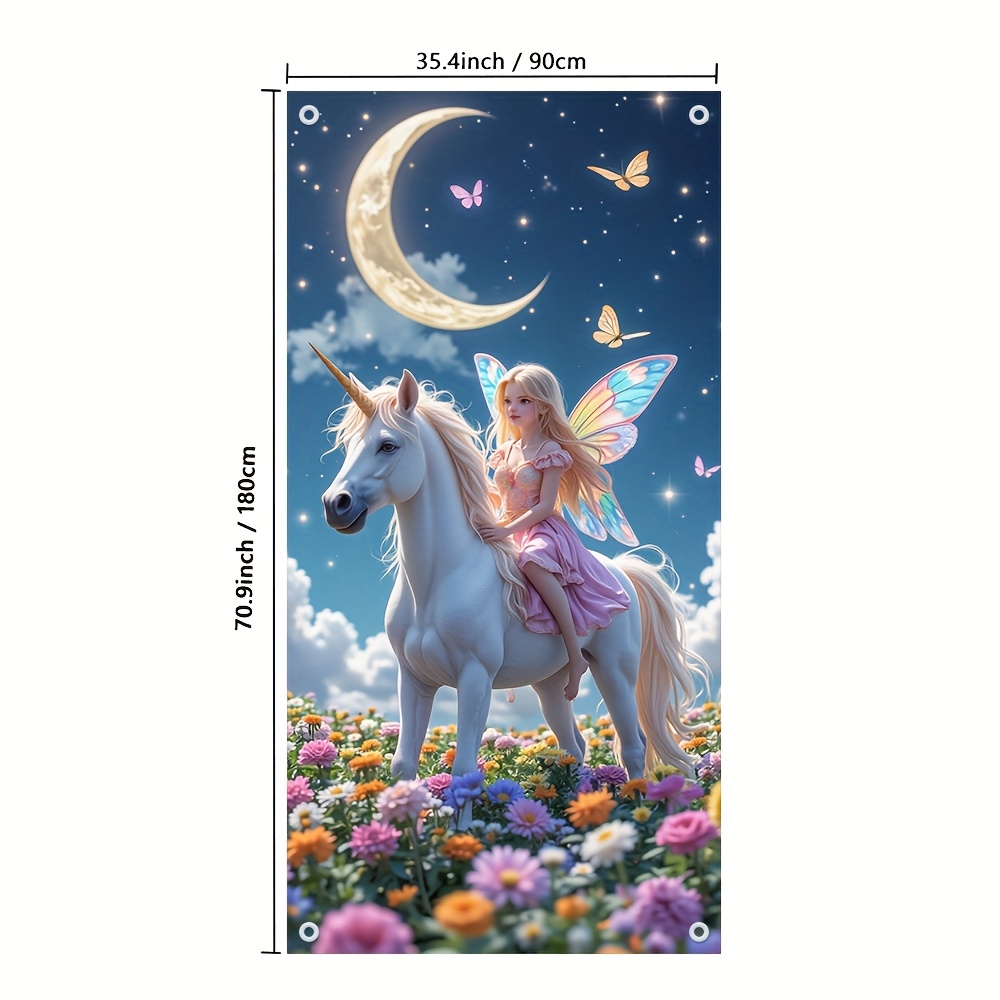TEMU 2d Door Banner, 1pc Fairy On Unicorn Door Banner - 35.4x70.9 Inch Frameless Polyester Hanging Decor With Vibrant 2d Flat Print, Reusable