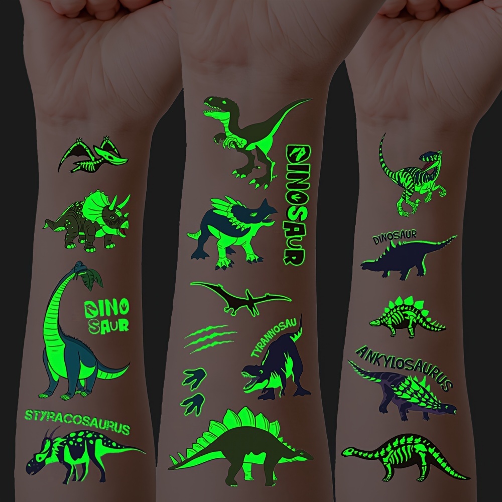 

12 Sheets Of Different Styles Of Luminous Cartoon Cute Dinosaur Tattoos, Prehistoric Animals That Glow In The Dark, Birthday Party Gifts Fake Tattoos