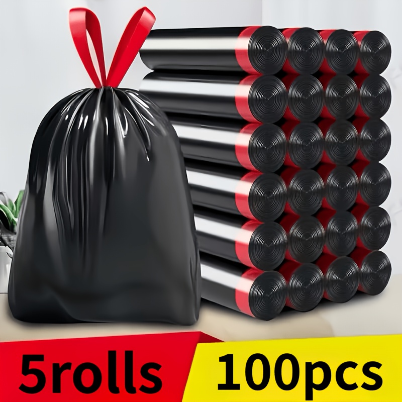 TEMU 5 Rolls Of 100pcs Thickened Leak-proof Drawstring Garbage Bags, Suitable For Home Cleaning, Office Cleaning, Bathroom Maintenance, And Shop