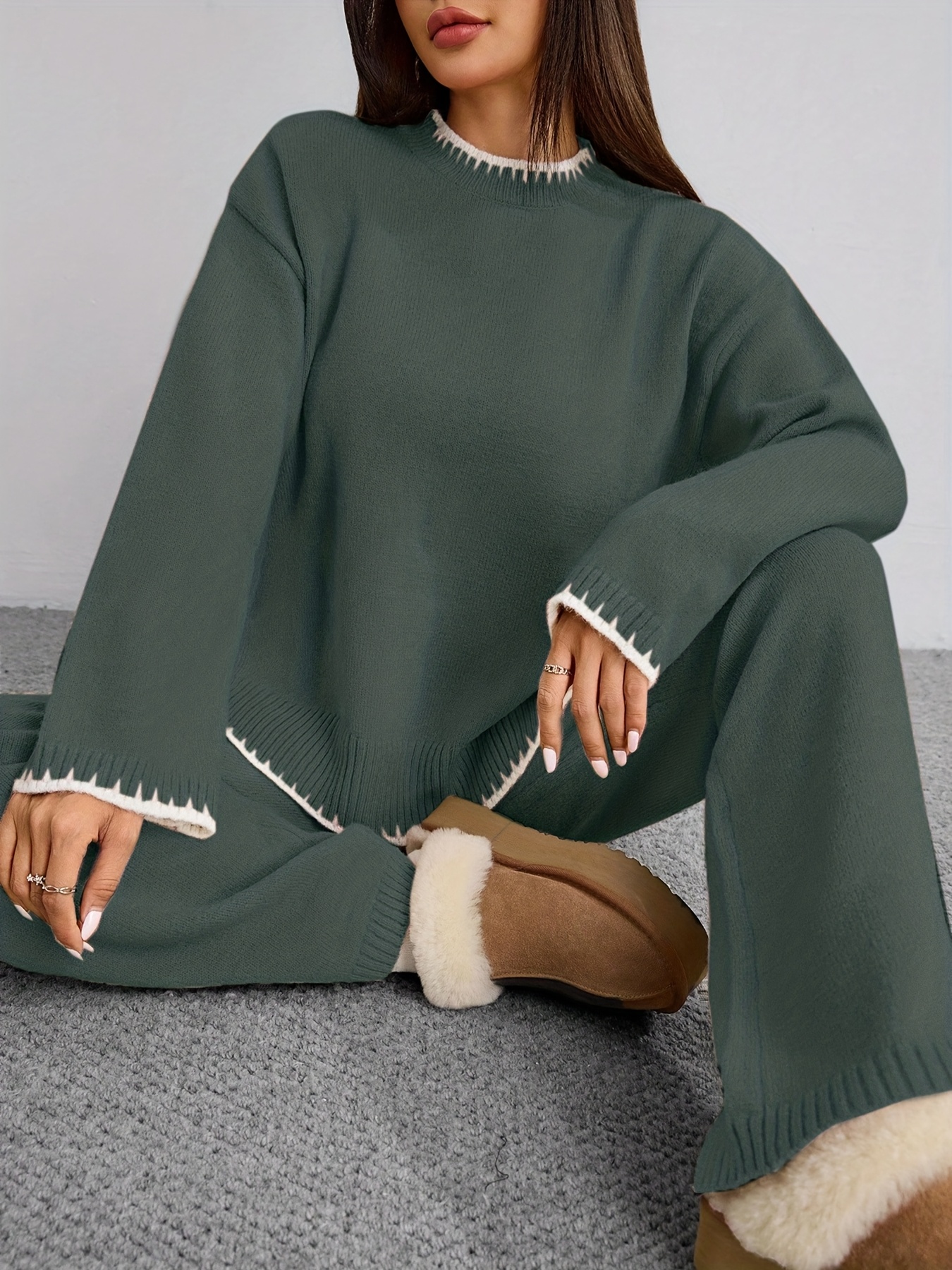 ZD0505906 Women's Two-Piece Set, Casual Elegant Loose Round Neck Contrast Pullover Sweater and Solid Color Pants for Spring Autumn Winter