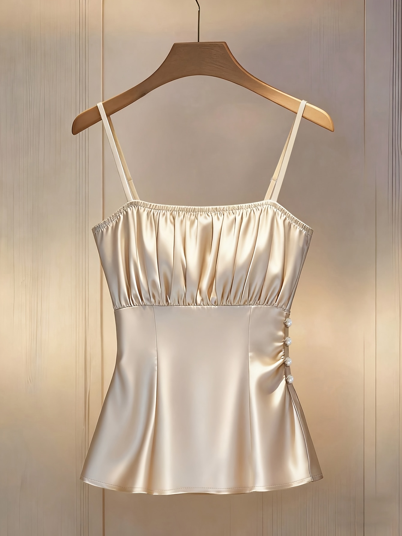 Plus Size - Plus Size - Summer Plus Size Women'S Light Luxury Champagne Glossy Satin Suspender Vest with Shirred Back Design, Waist And Temperament Top