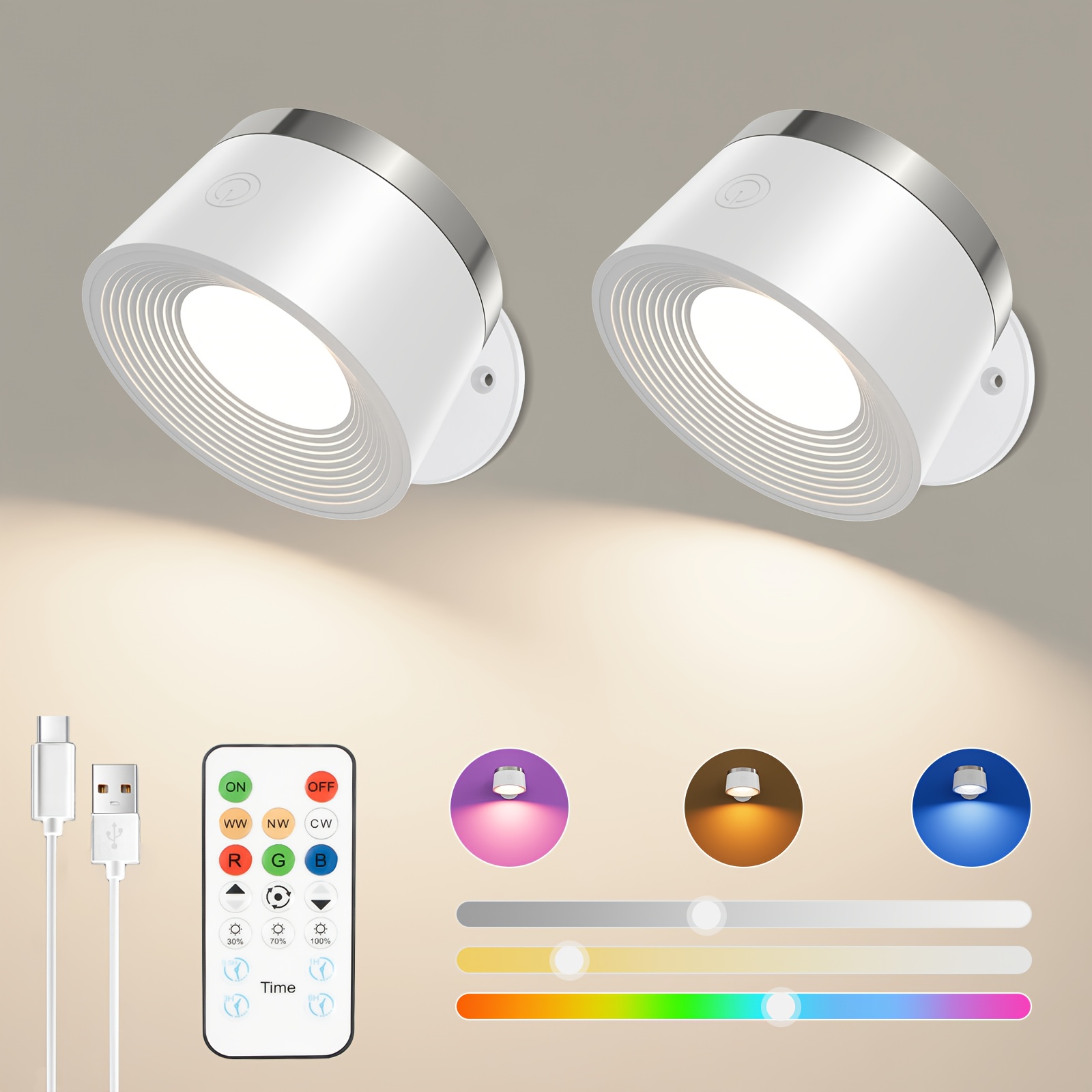 

Led Wall Sconces Set Of Two, Rechargeable Battery Operated Wall Lights With Remote, Wall Lamp Wireless 3 Color Temperatures + 13 Rgb & Dimmable Magnetic 360° (two Pack )