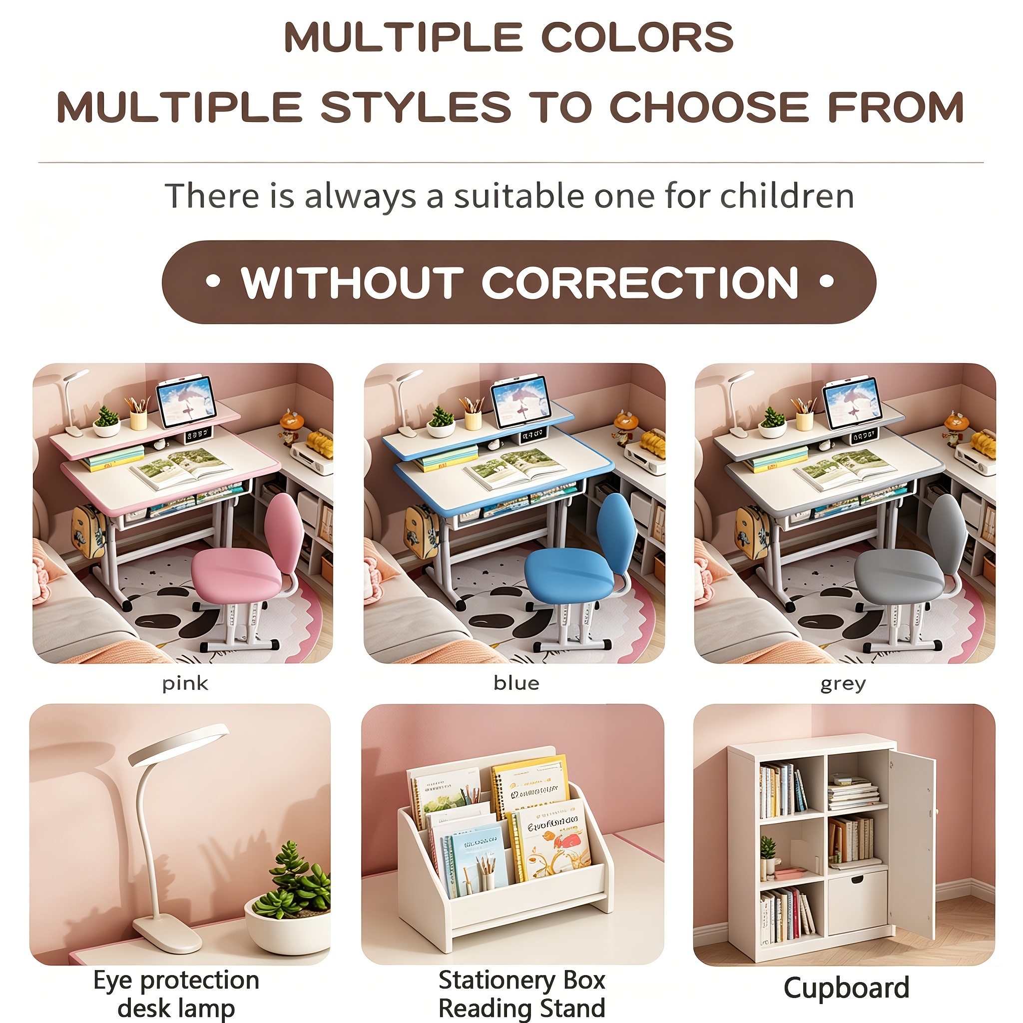 Adjustable Kids Study Desk & Chair Set, Ergonomic Curved Back Spine Protection, Height Adjustable, Wipeable Desktop, Detachable Reading Stand, Eye-Caring LED Lamp, Multiple Colors, Ideal For 3-18 Years Old Kids Home School Study & Daily Use