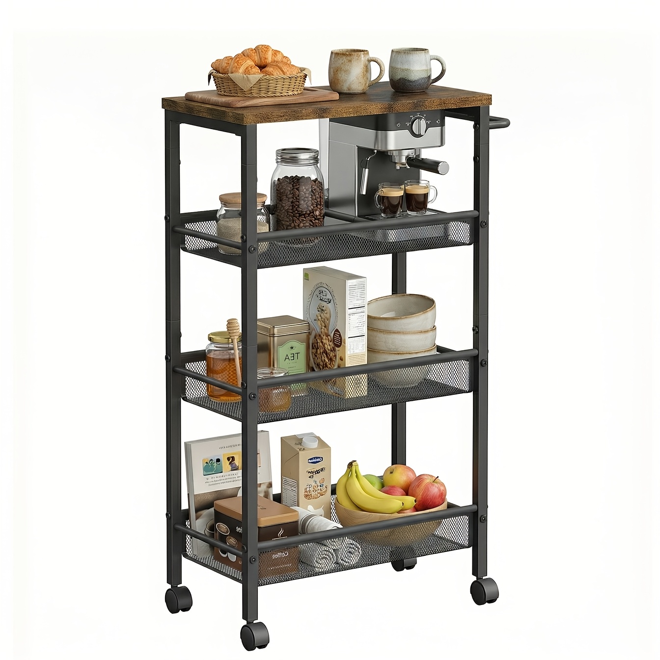 TEMU Carrito Delgado de 4 Niveles con Ruedas, Carrito de Almacenamiento con Asa, de Metal de 8.7", Organizador Multifuncional para Cocina, Baño o