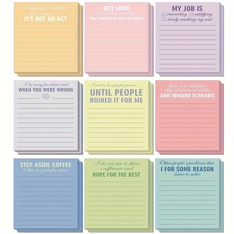 

9pcs Inspirational & Humorous Quote Sticky Notes - Assorted Designs, Self-adhesive Memo Pads For To-do Lists, Office & School Supplies