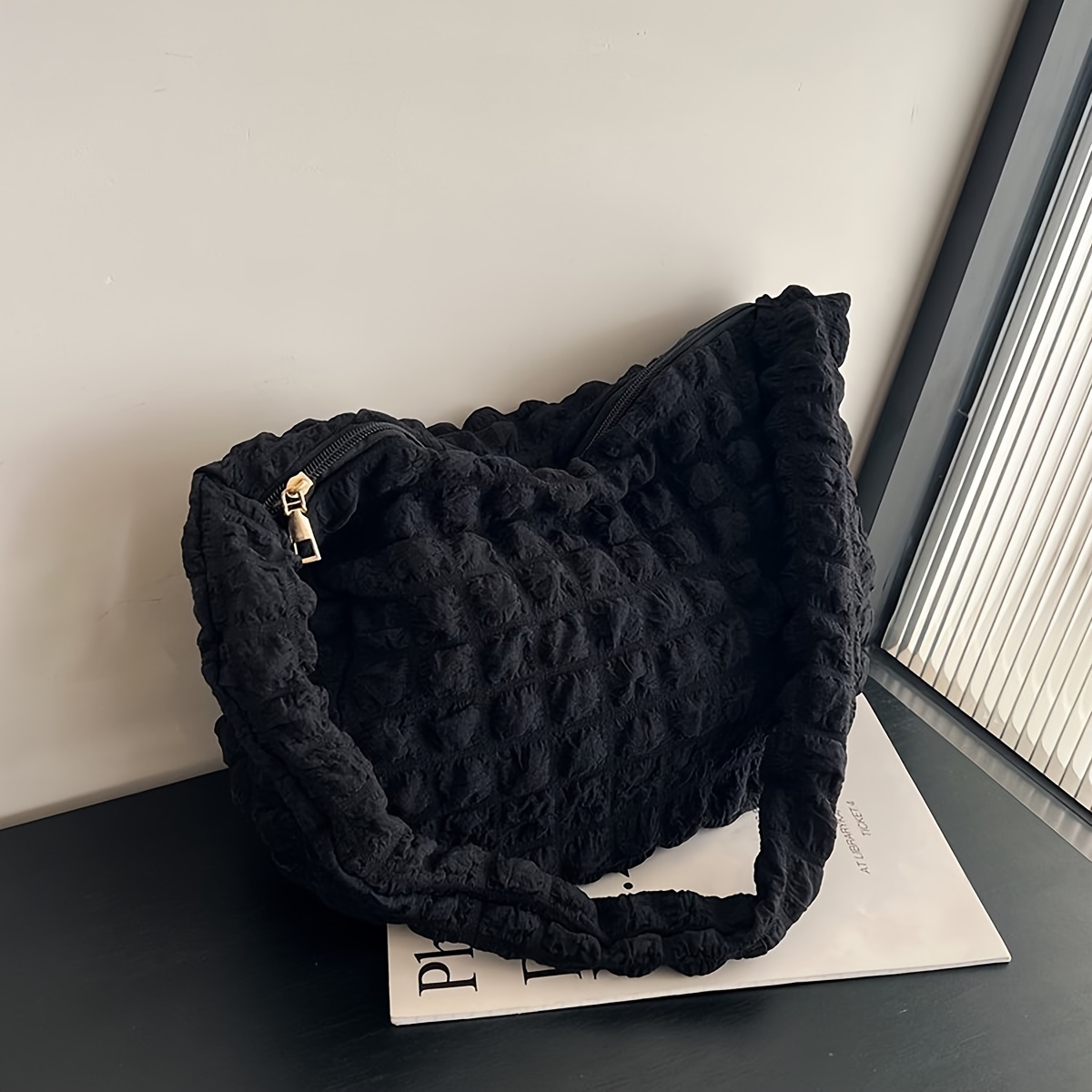 1 Pleated Shoulder Bag - Women's Casual Handheld Crossbody Bag With Polyester Lining And Zipper Closure - Versatile Handbag For Casual And Travel Use - Solid Color