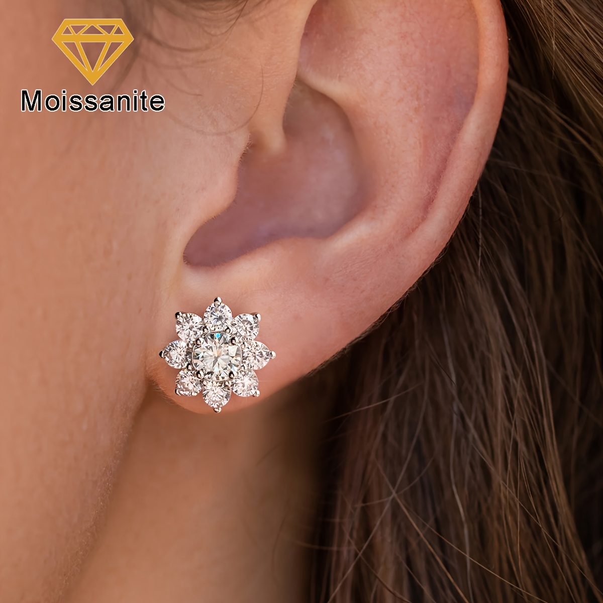 Women's 0.5CT Moissanite Sunflower Halo Stud Earrings, Luxury Gift