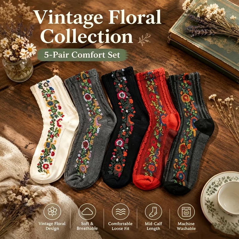 5 pairs   style retro floral elegant ethnic style comfortable soft breathable sweat absorbing casual daily womens   calf socks   socks