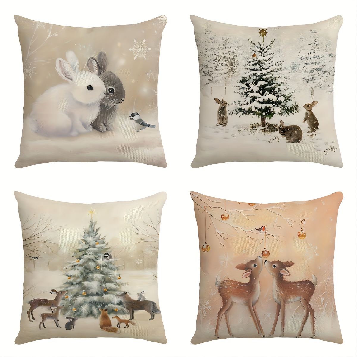 

4-piece Set Festive Christmas Pillow Covers - Elk & Rabbit Design, 18x18 Inch, Polyester, Zip Closure (pillow Insert Not Included), Perfect For Room Decor