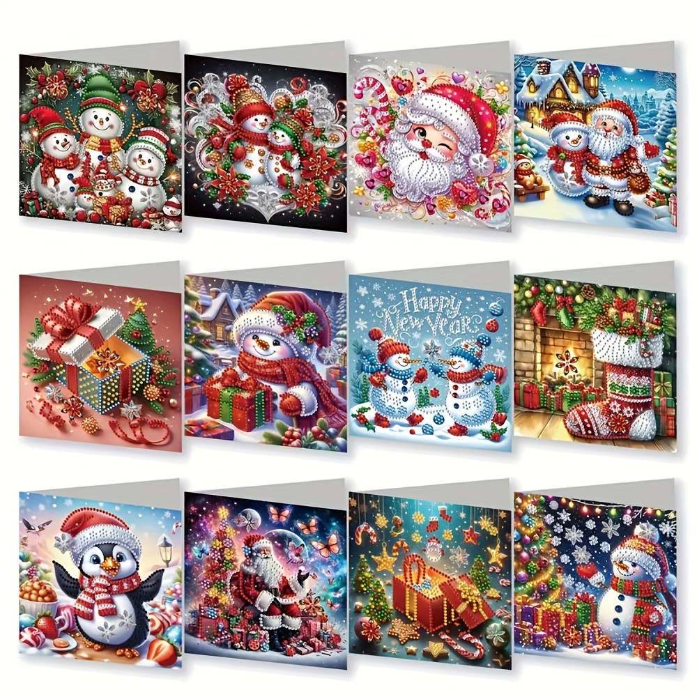 TEMU Lot de 12 cartes de vœux artistiques en diamant peint DIY faites à , mosaïque de diamant, série An Noël Fêtes, de neige, , Père Noël, dessin ,