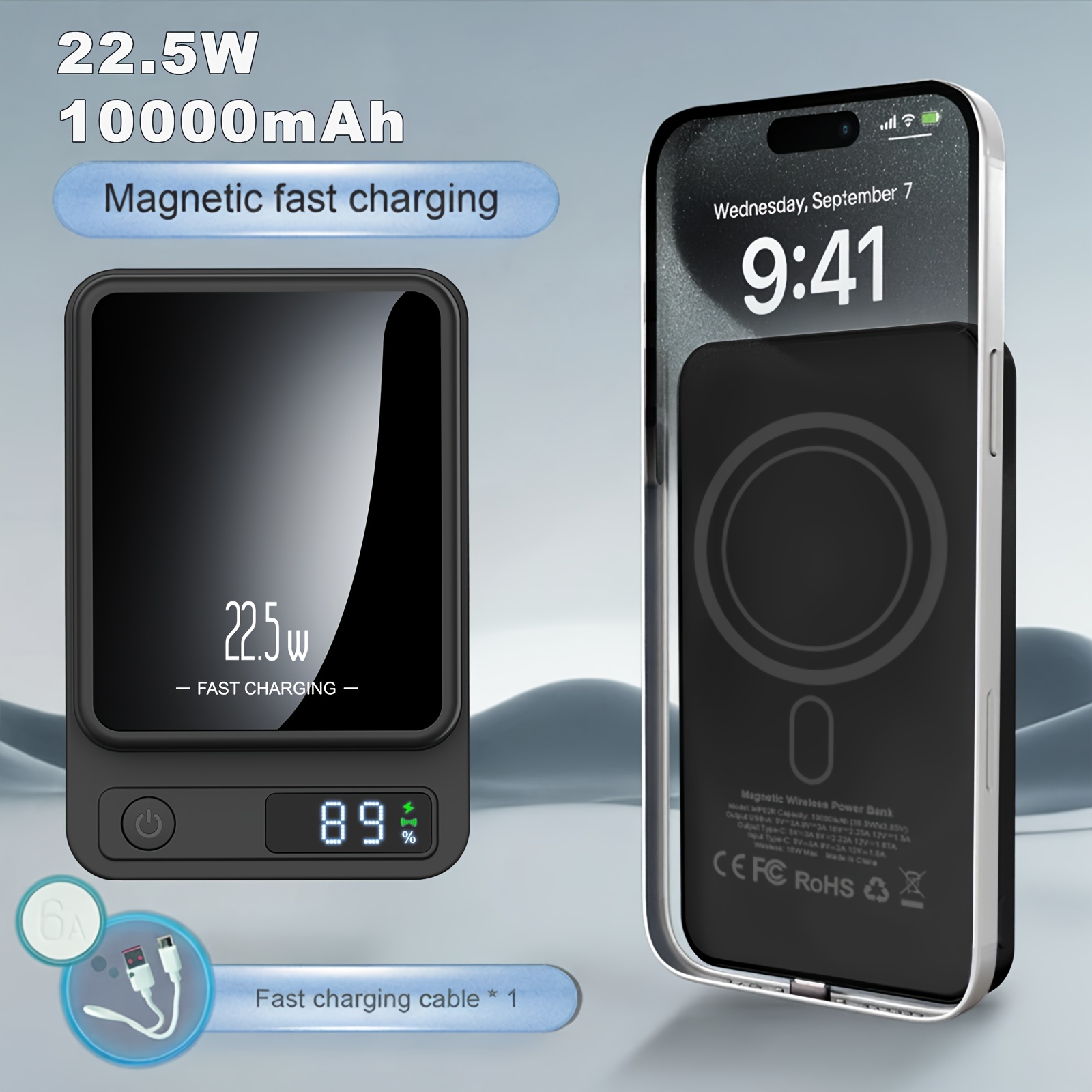 TEMU 5000mah/10000mah Magnetic Wireless Power Bank, 2 Outputs And Dual Input External Battery Pack, 22.5w/pd20w Fast Charging, Portable Charger With