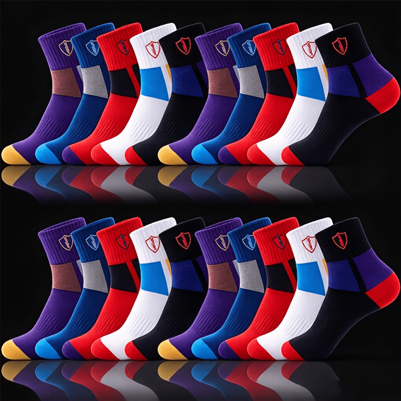 Image of 10 Pairs Assorted Crew Socks, Sport Cushioned Design With Color Block & Logo, Breathable & Sweat-wicking Fabric, Reinforced Heel & Toe, Ideal For Running, Gym & Everyday Use Wholesale