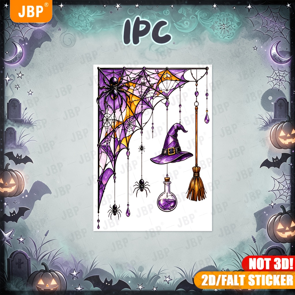 TEMU 1pc Halloween Window Decor Sticker, Vintage Stained Glass Web Hanging Hat Broom Pattern, Self-adhesive Halloween Window Sticker For Bar Haunted