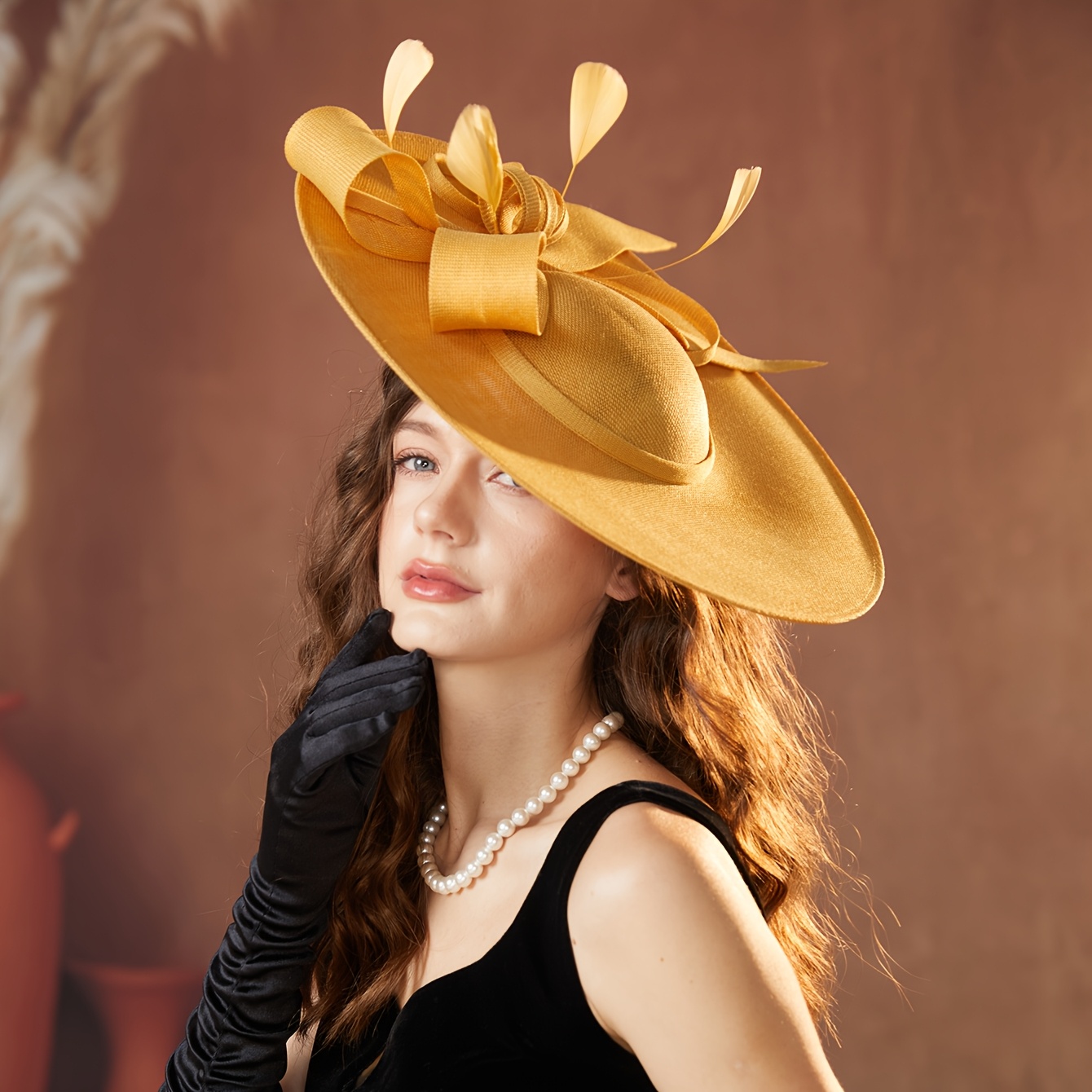 Gold Decorative Wide-Brim Ladies\' Dress Hat with Bow Accent Medium Brim with Bow Accent - #4133 – EssenceHat main image 3
