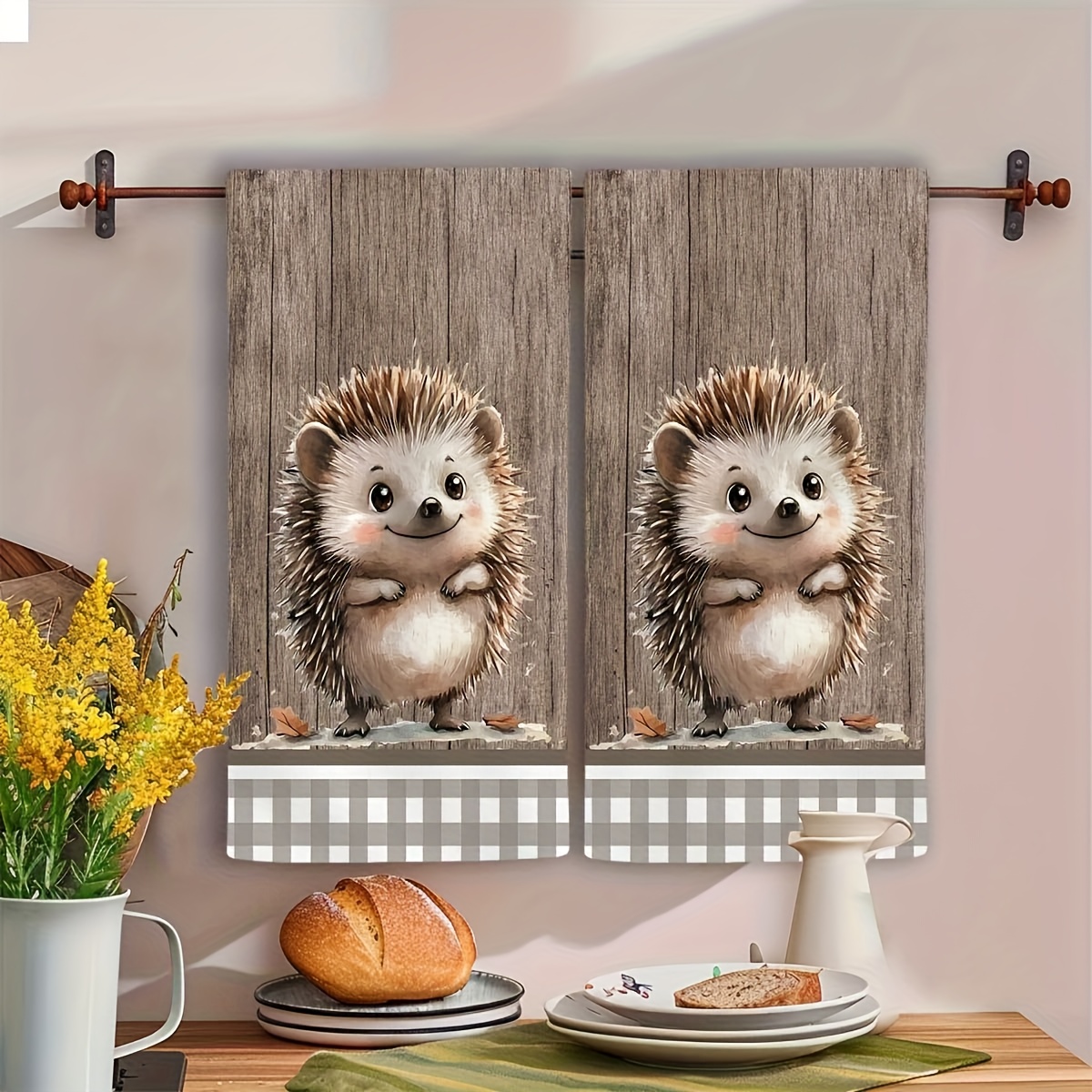 TEMU 2 pièces de jolis torchons de cuisine de hérisson - Serviettes décoratives en polyester ultra-douces avec rustiques en bois et à carreaux,