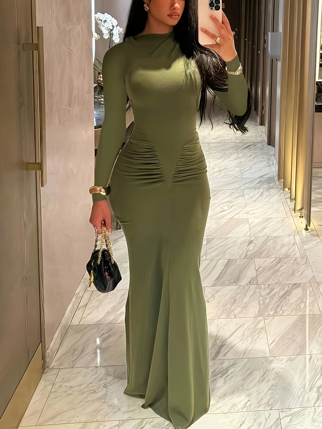 elegant long sleeve bodycon dress green ruched detail - Temu Kuwait
