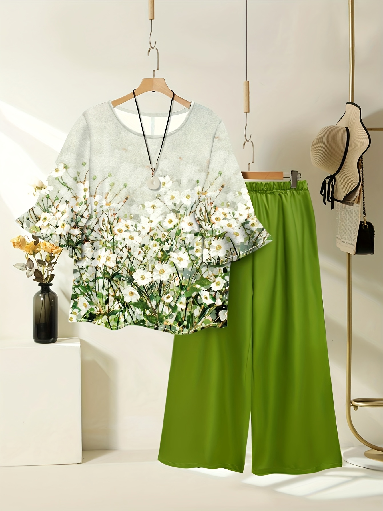 conjunto blusa pantalones anchos mujer estampado floral Temu