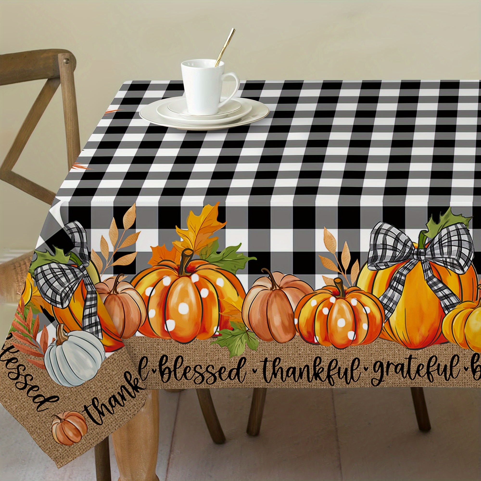 

Autumn Thanksgiving Pumpkin Plaid Black Tablecloth, Polyester Rectangle, Machine-woven Pvc Coating