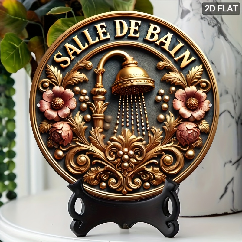 TEMU Plat 2D, Plat 2D - Plan 2D - 1 "Panneau de Salle de Bain Français" Décoration Murale Ronde en Aluminium, 19.81X19.81cm, Convient pour Maison,