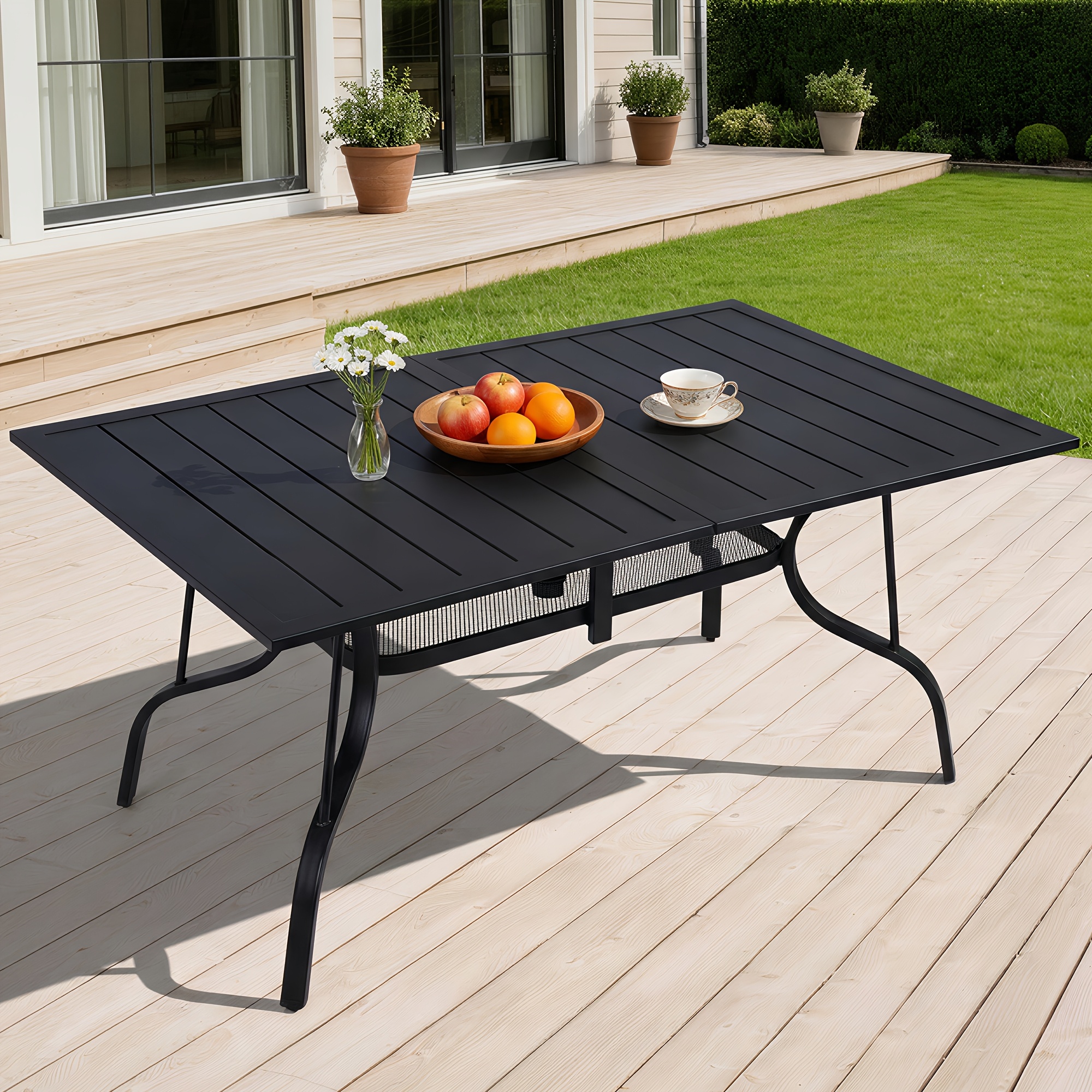 black rectangle patio table with umbrella hole Weather Resistant Patio Furniture 80