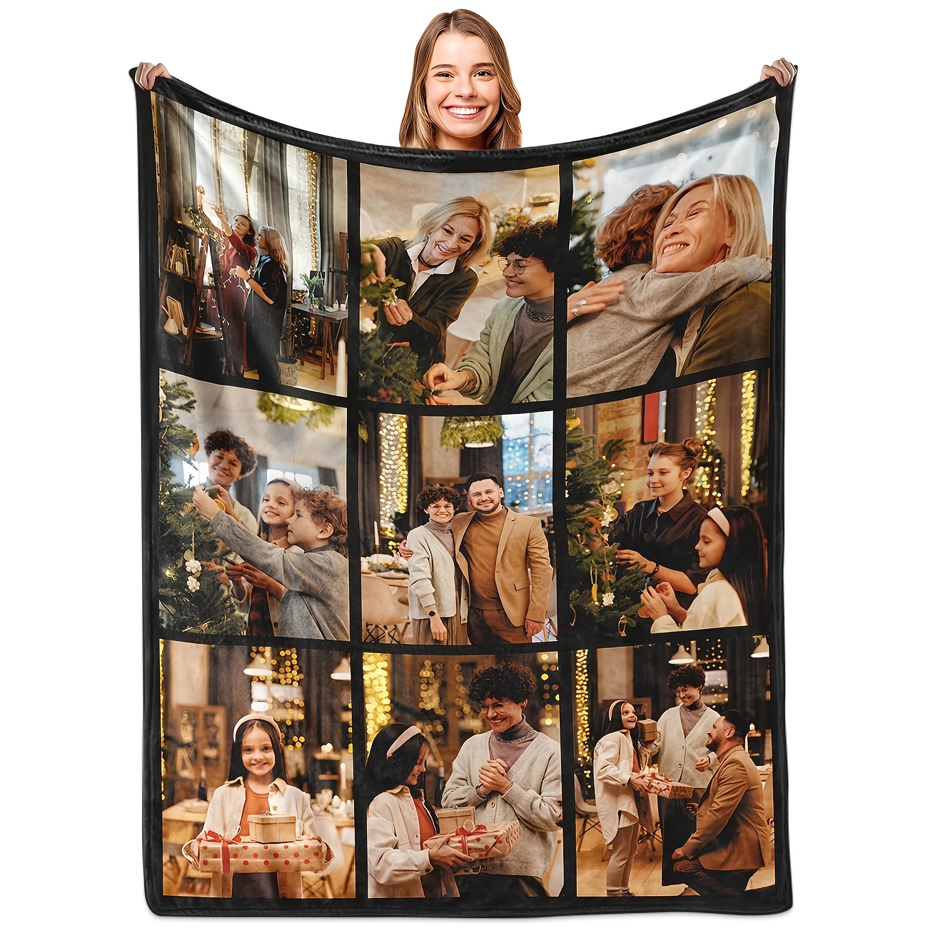 TEMU Personalized Plush Photo Blanket - Customizable With 9pcs Photos, Ideal For Special Occasions And Vacation Memories, Cozy And Warm For Sofa,