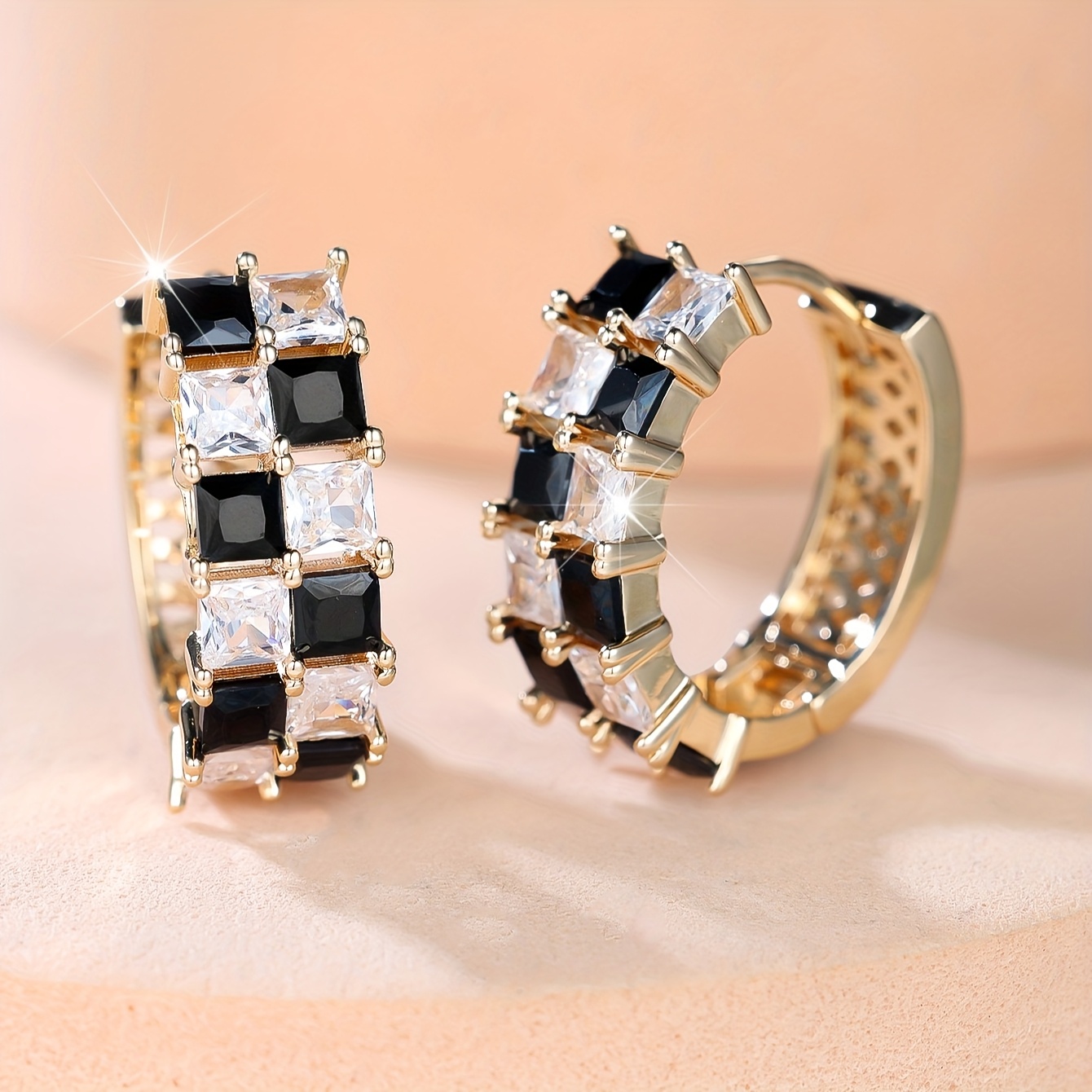 TEMU Elegant Black & White Synthetic Zirconia Gold Plated Women's Earrings - Luxurious For Weddings, Parties, Festivals, Casual Attire And Gifts,
