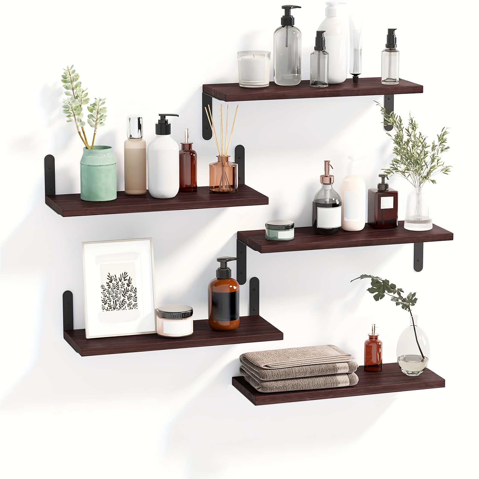 

5+1 Tier Bathroom Floating Shelves, Wall Mounted Wood Shelves Over Toilet With Wire Storage Basket, Make Storage Space And Keep Your Bathroom Neat And Organized ()