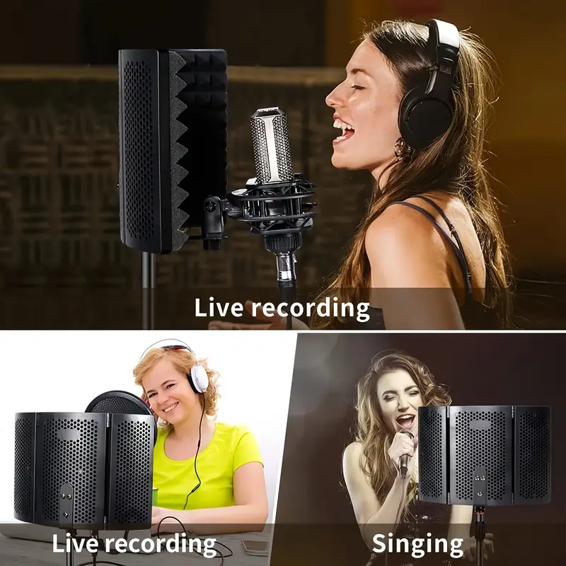 de izolare microfon din PP negru, spuma acustica compacta cu 3 panouri de inalta densitate filtrarea vocii, izolator de microfon cu , potrivit microfoane si detalii 4