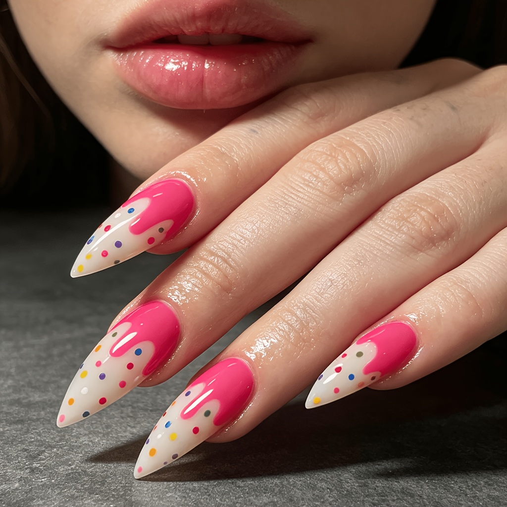 TEMU Pink With Colorful Dots, Glossy End, Medium Length, Almond Shape, 24pcs, False Nails, Press-on Nail Tips, Y2k Nails, Gothic Nail Art, Nail Set,