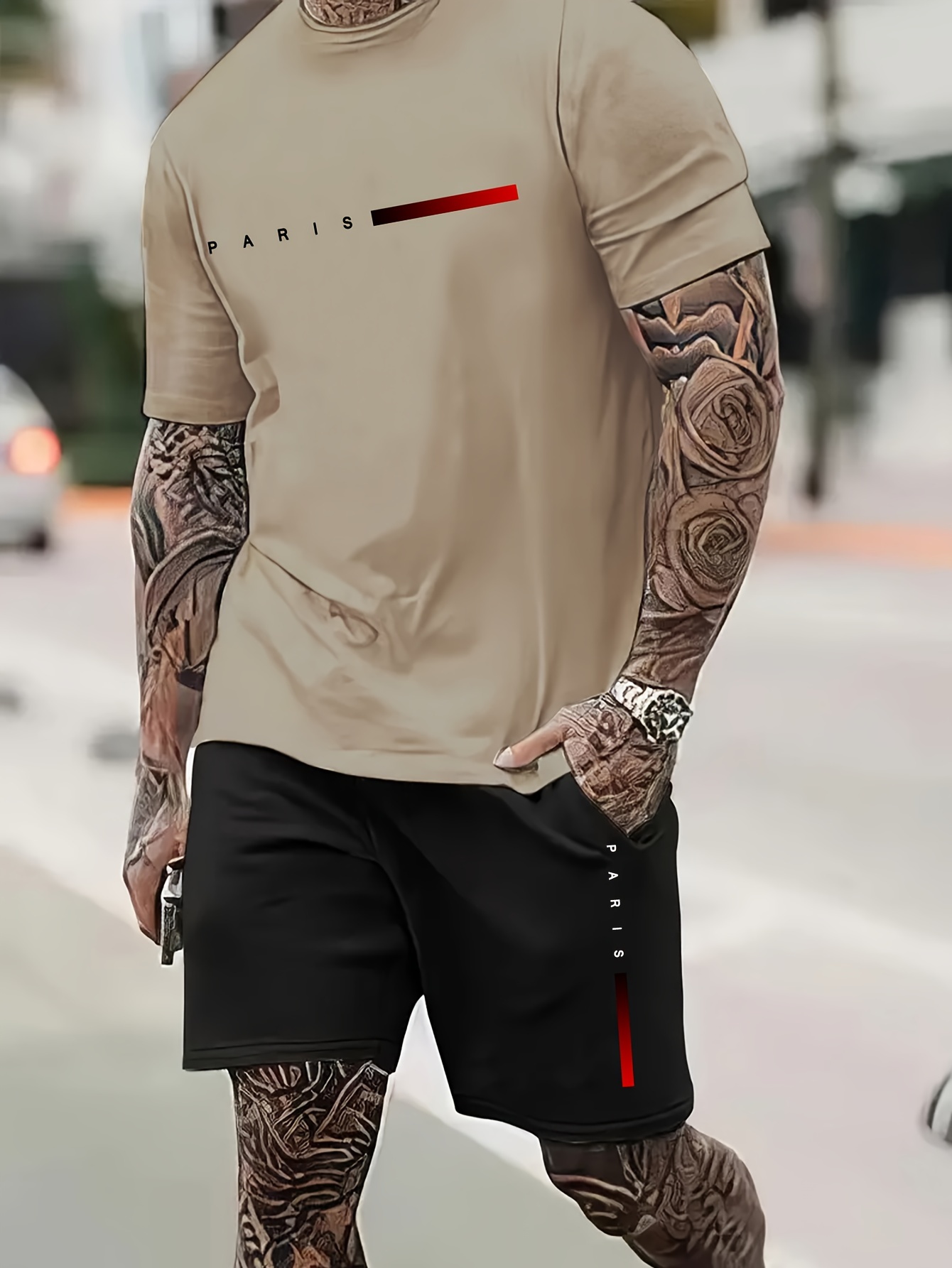 paris pattern print short sleeve round neck t shirt jogger shorts set summer 2pcs comfy outfits for men details 25