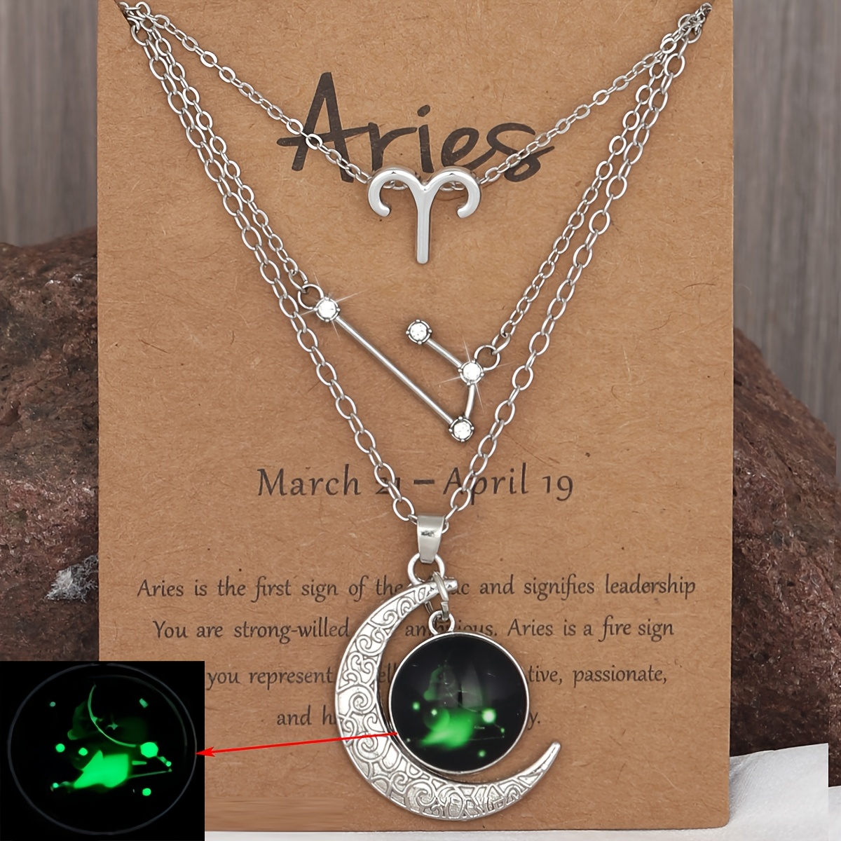 Image of 3pcs Vintage Zodiac Moon Luminous Pendant Necklace Set | Celestial Symbols, Plated K Alloy, Ideal For Daily Wear And Gift-