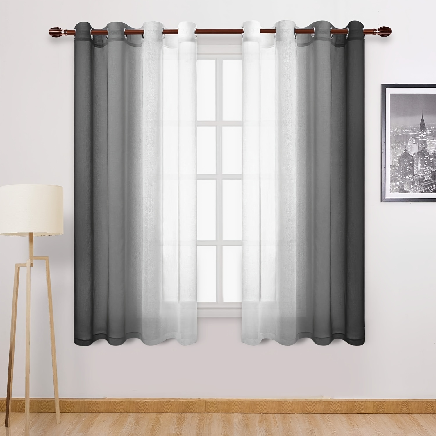 Image of 2pcs Set Gradient Sheer Curtains - Modern Linen Grommet Top For Living Room & Bedroom, Light Filtering Home Decor