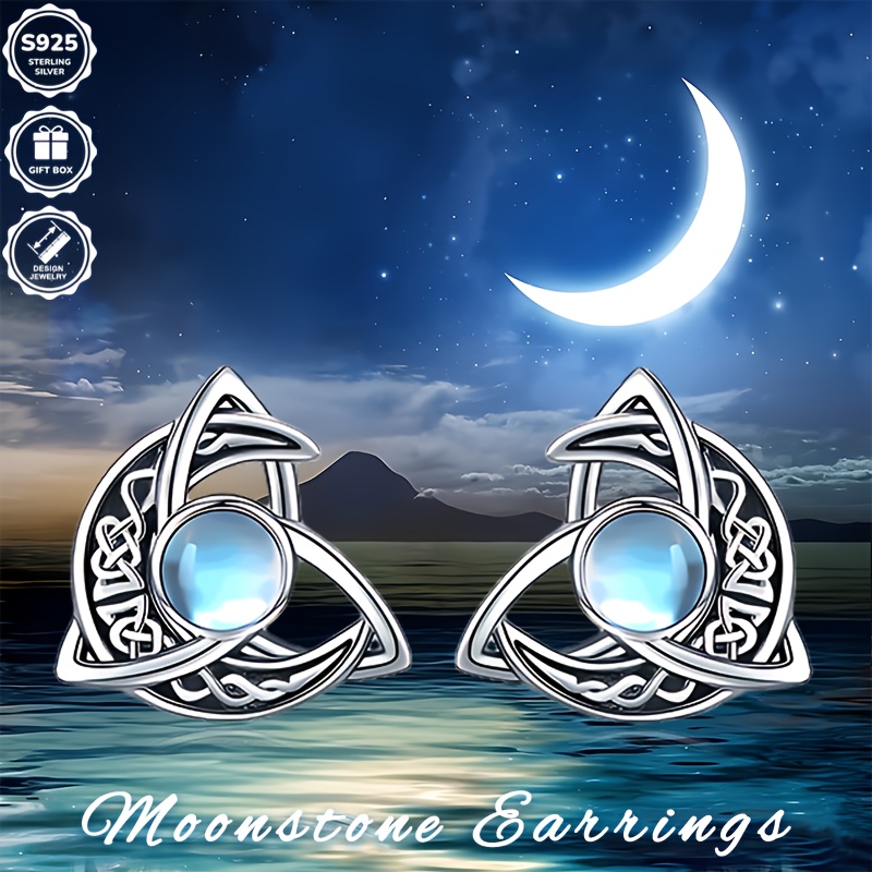 Vintage Boho 925 Silver Celtic Moonstone Earrings Filigree Crescent Moon