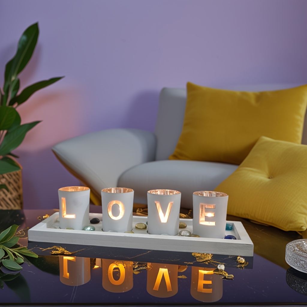 Porte-bougies en verre et bois, ensemble décoratif avec lettres, résistant au vent, pour théières, décoration d'intérieur, cadeau de mariage ou maison