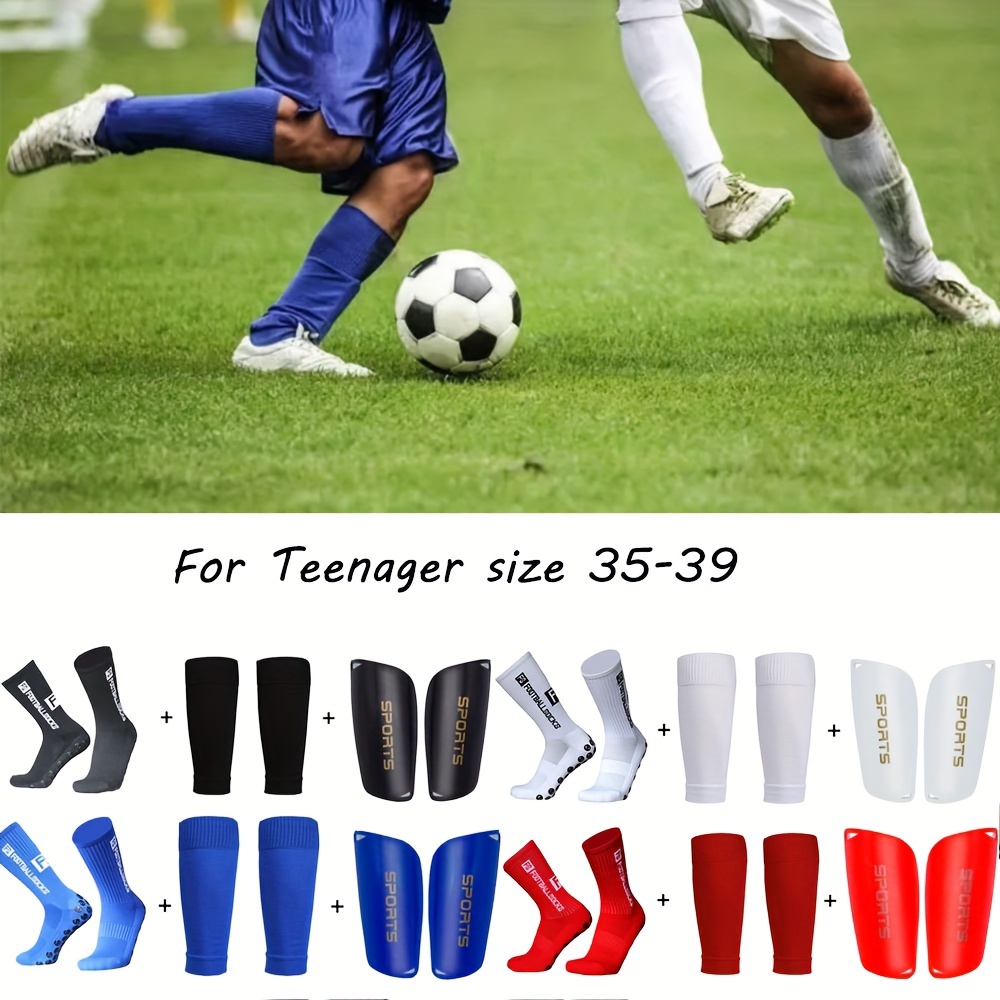 

Teenager Size 35-39 Soccer Gear Set: Includes 1 Pair Of Non-slip Towel-base Pointed Grip Football Socks, 1 Pair Of Football Shinguards, Pair Of Football Shin Pads