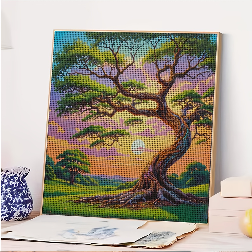 DIY Cross-stitch Printed Kit, Unframed Whimsical Big Tree at Sunset Design