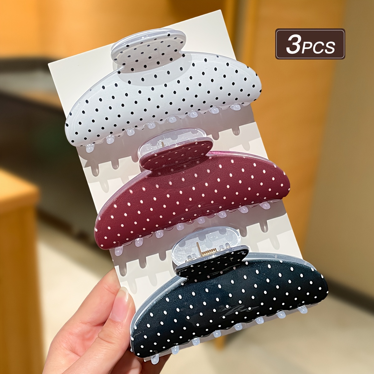 TEMU 3pcs Women's Polka Dot Half-circle Hair Claw Clips, Women's Hair Accessories, Sweet And Cute, Large Hair Clips, Suitable For Daily Casual Wear, , And Parties, Women's Accessories, Gift