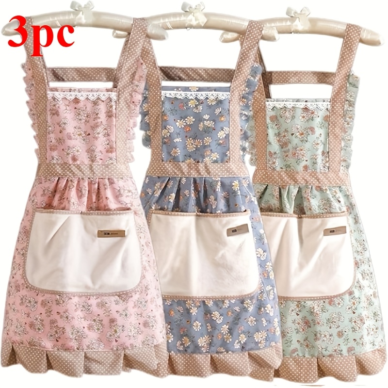 TEMU 3pcs, Durable, Breathable, And Adorable Princess-style Pinafore With A Hem; 3d-pocketed Apron; Thick Fabric That Wiped For Coffee Shop Workwear