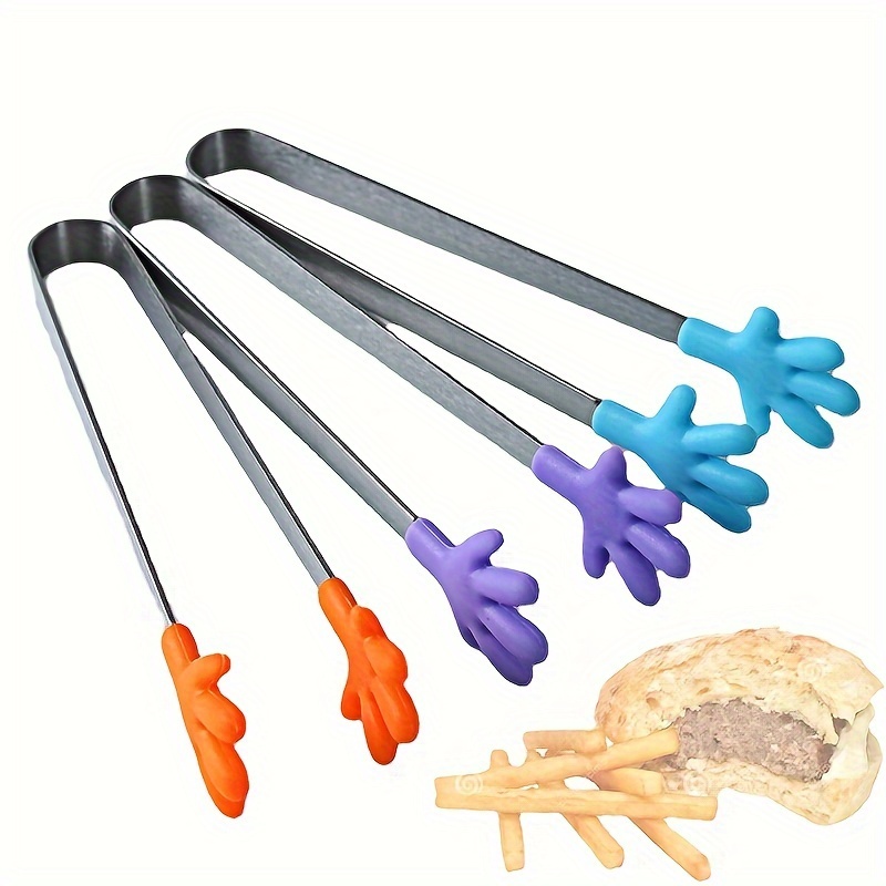 

3pcs, Stainless Steel Food Tongs With Creative Silicone Hand Palm Design, Mini Serving Tongs For Salad, Ice, Sugar, Snacks, Non-slip, Kid-friendly, Multicolor
