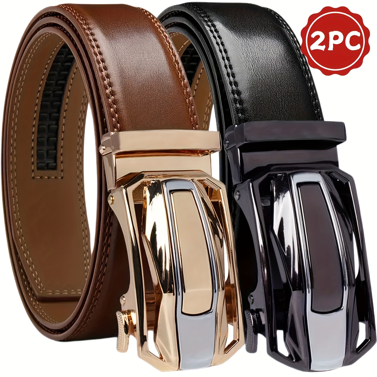 E-shop 2er-/1er-Pack Herren-Gürtel mit Automatikschließe – Verstellbare braune schwarze Gürtel mit goldener Automatikschließe, Business-klassisch,