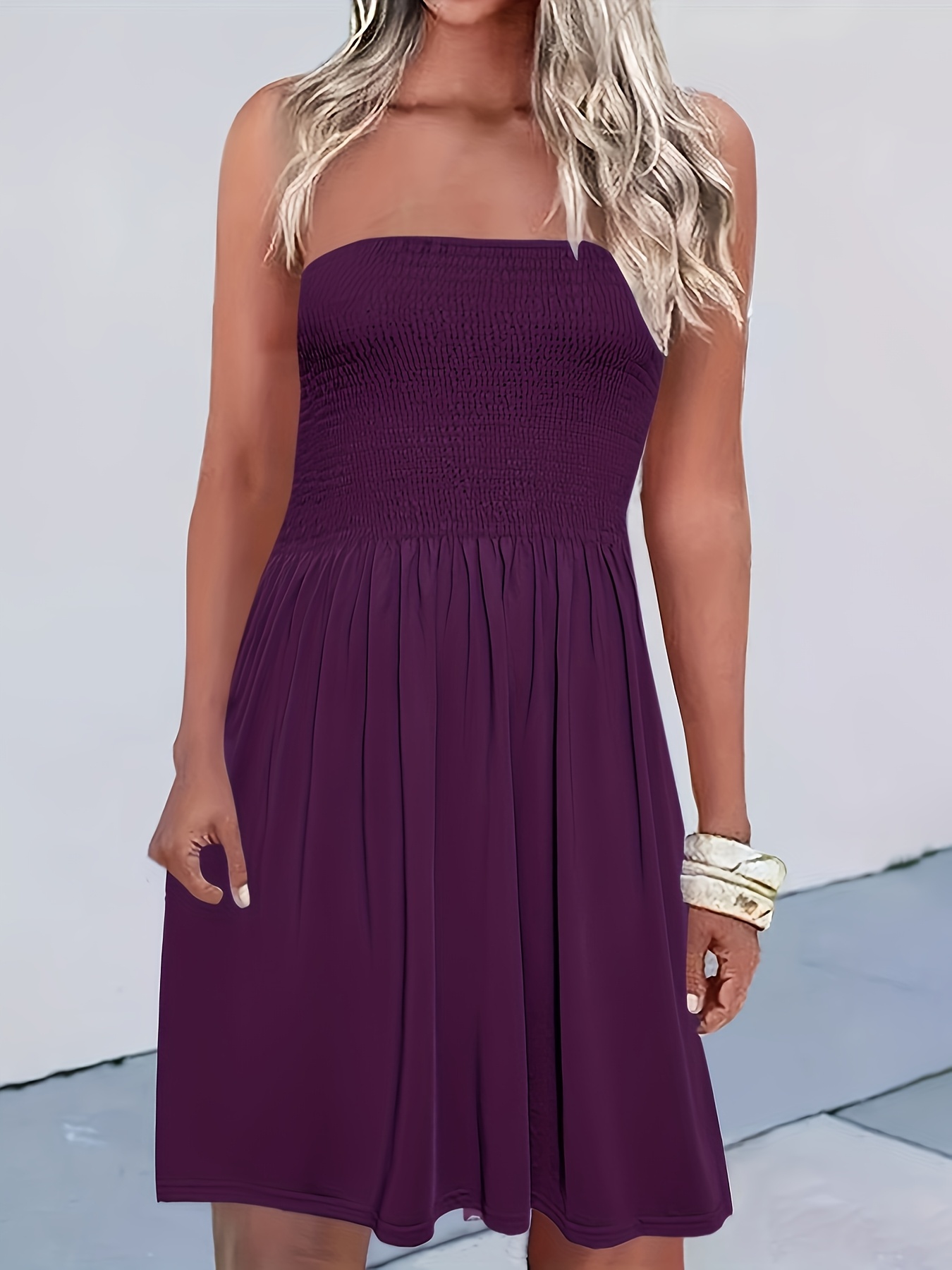 strapless open back dress Aubree Crepe and Mesh Mini Dress / Purple | Meshki