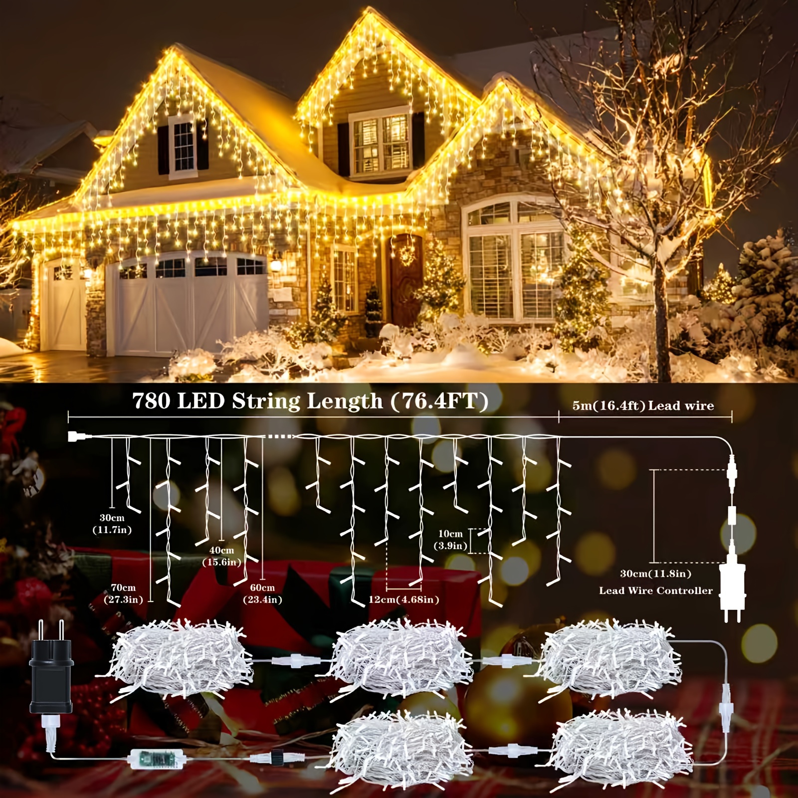 Image of Outdoor Icicle Lights Outdoor 76.4ft 780led Outdoor Christmas Fairy Lights Plug-in 8 Timer Remote Control Flash Light String Suitable For Christmas Roof Party Wedding Garden Decoration