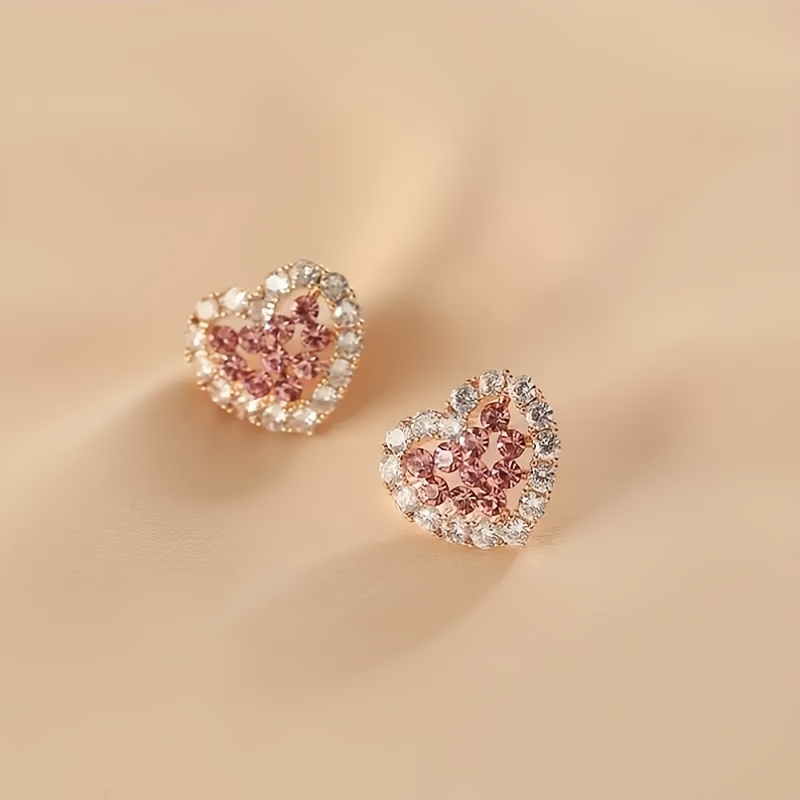 Pink Rhinestone Heart Stud Earrings 925 Sterling Silver Ear Needle
