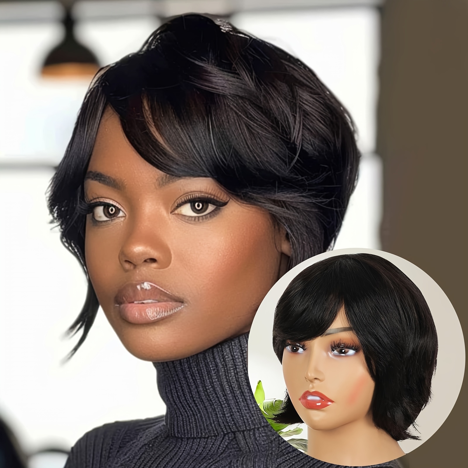 TEMU Human Hair Short Wigs For Women Short Curly Cut Bob Wig Human Hair Black Wigs With Bangs Short Bob Brazilian Human Hair Wigs None Lace Front Wig (black)
