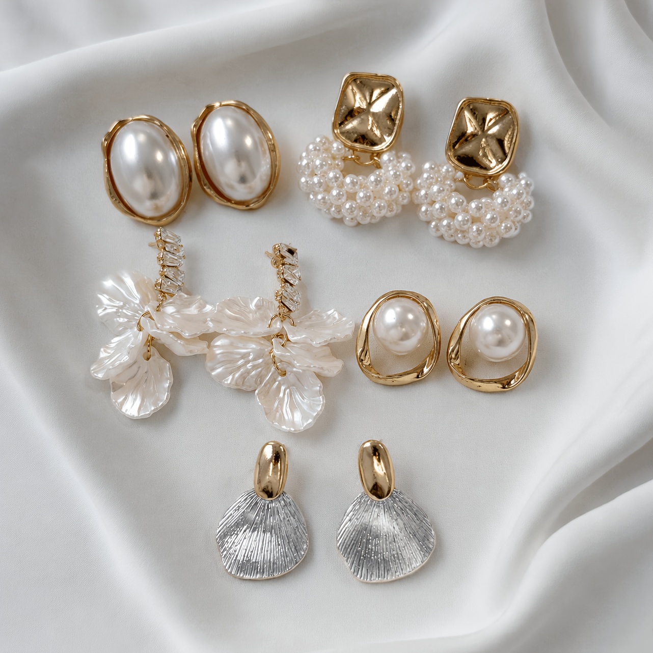 TEMU 5 Pairs Vintage Style Multi-style Pearl Earring Set, Hollow Geometric Pendant Earrings, Daily All-match, Suitable For Bride, Friend And Special