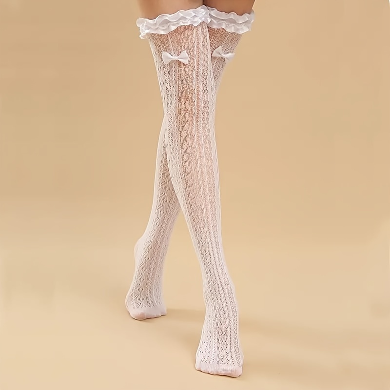 bow ruffled lace thigh high stockings jk style sweet over the knee socks womens stockings hosiery