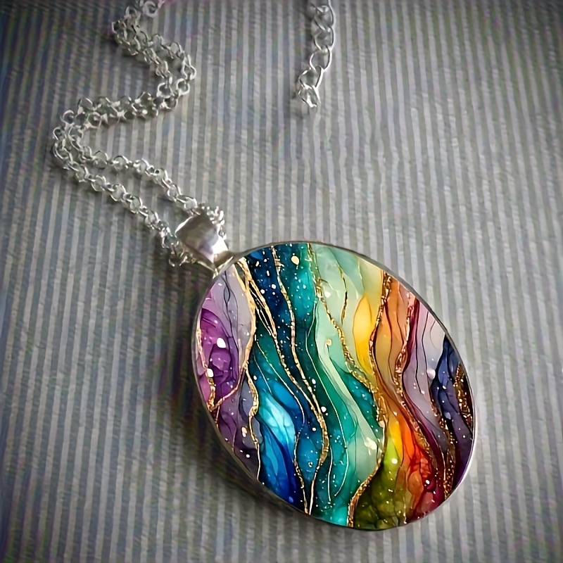 TEMU Vintage-inspired Ripple Oval Glass Pendant Necklace - White Golden Plated, Iron & Alloy, Perfect Gift For