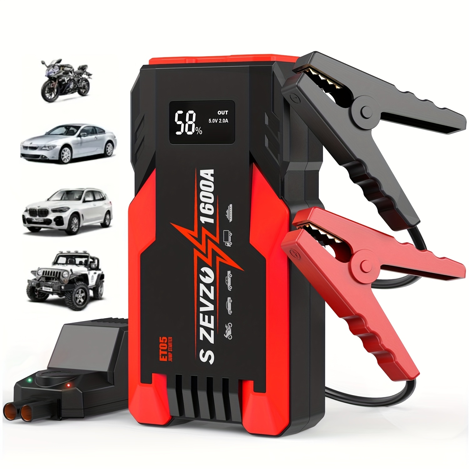 TEMU Car Battery Jump Starter With Led Flashlight For Car Truck Motorcyble Emergency Use, 12v Portable Jump Box With Jumper Cable(7.2 Gas 5.0l ), , Usb Fast Charging, Idea Gift