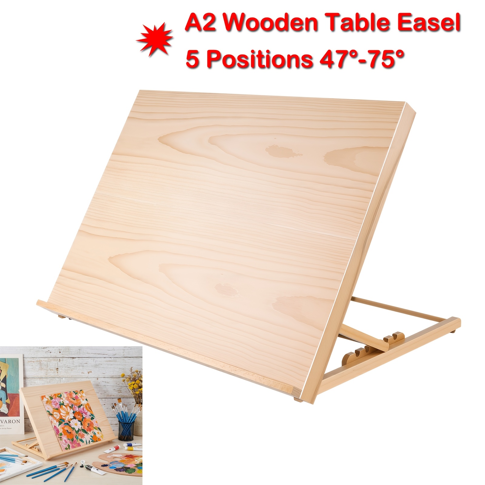 A2 Table Easel, Wooden Drawing Board, 5 47-75 Adjustable Angle Drafting Table, Portable Wood Sketching Stand For Artists, Students, Reading, Writing, Laptop Stand